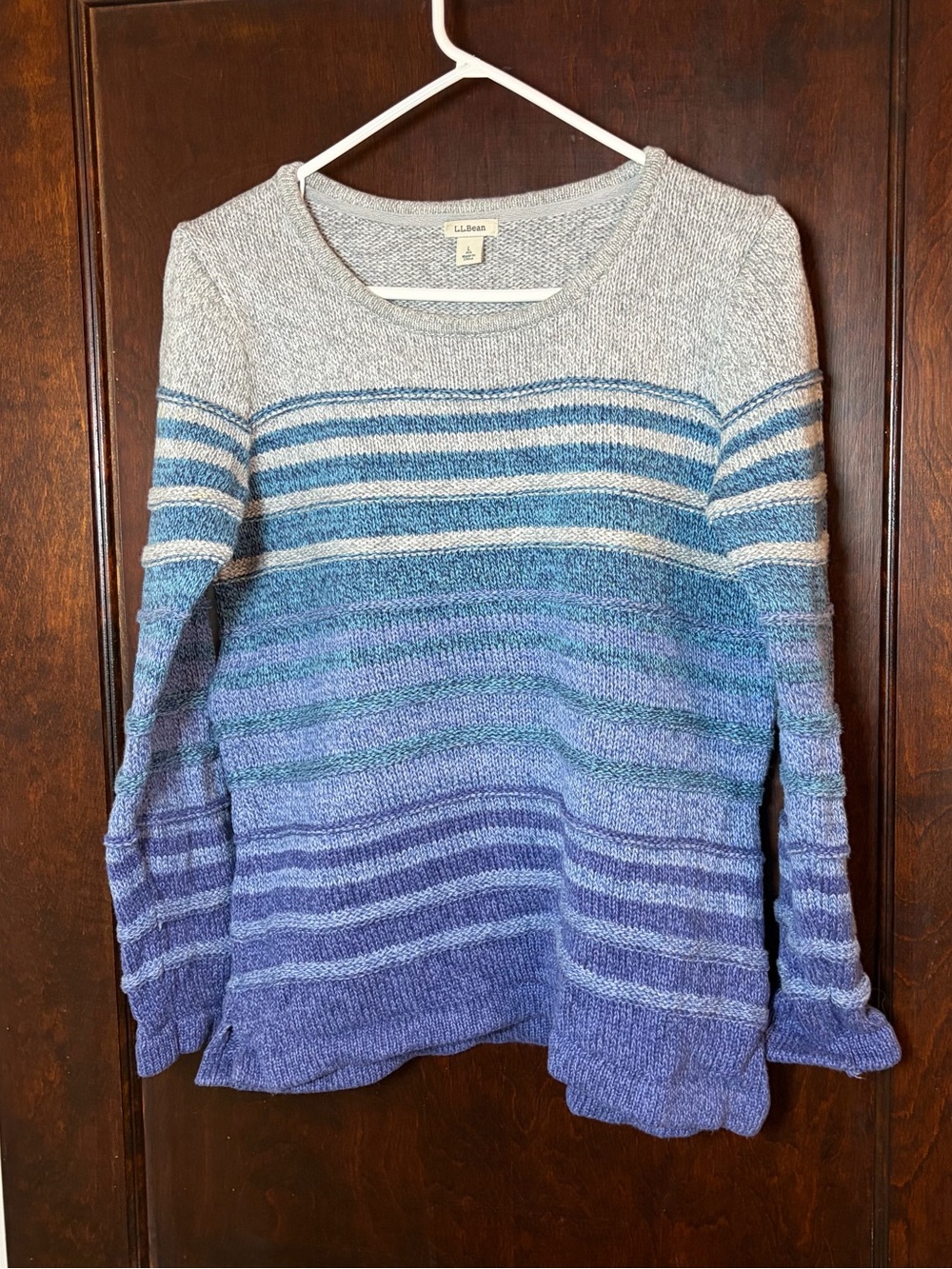 L.L. Bean Women's Sweater Size Large Crewneck Blue Striped Knit 100% Cotton